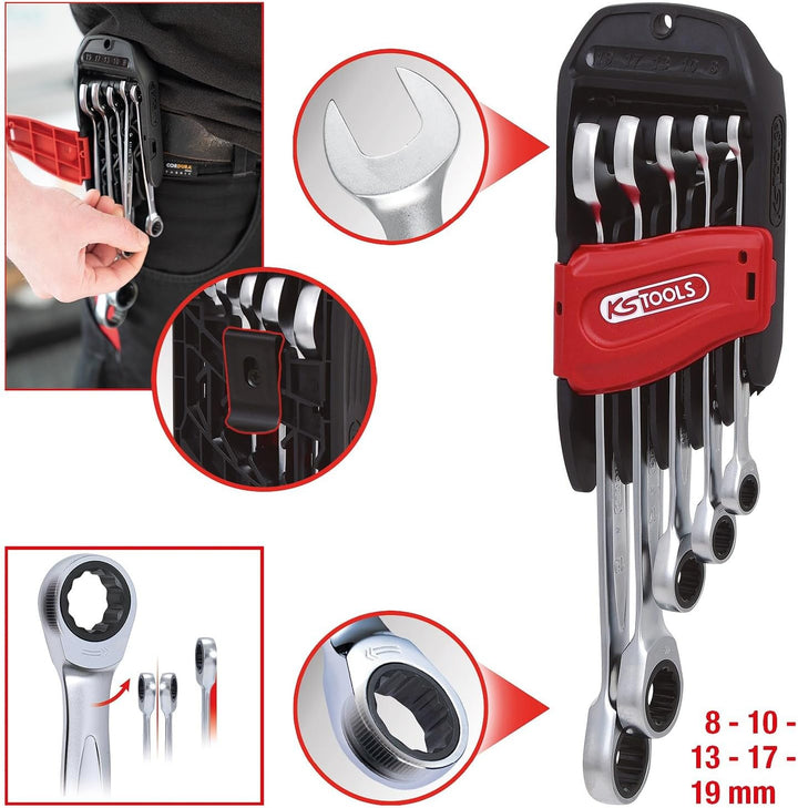 KS Tools 503.4255 GEARplus® Ratschenringmaulschlüssel-Satz, abgewinkelt, 5-tlg. 8-19mm