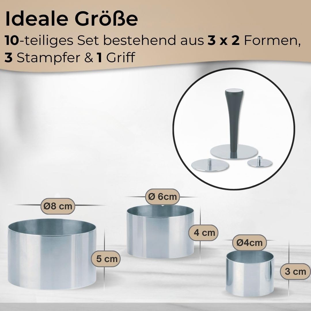 Premium Dessertringe Set Edelstahl 10-teilig, Profi Speisenringe Ø 4/6/8 cm, mit Presse & Griff, Anr
