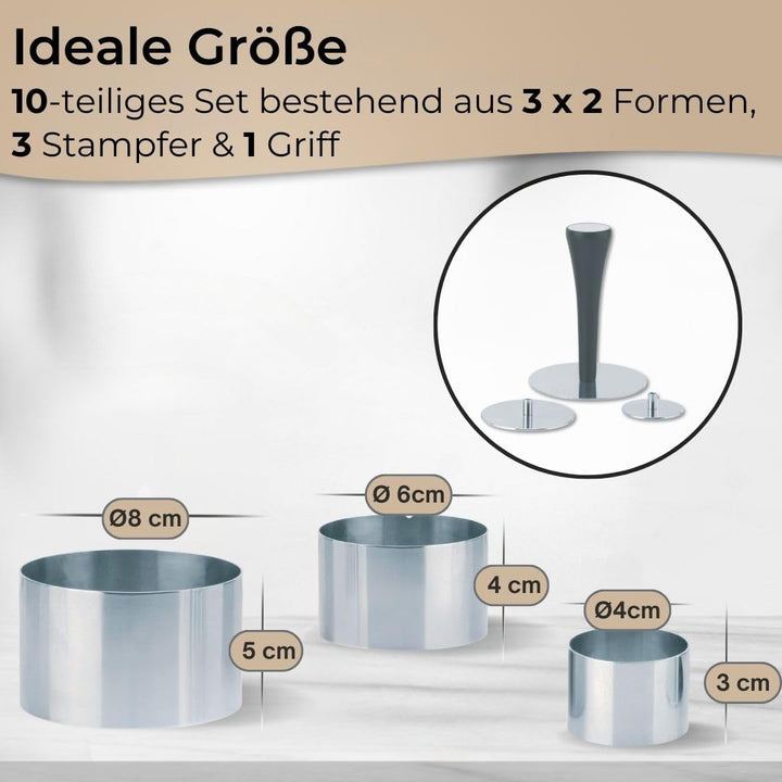 Premium Dessertringe Set Edelstahl 10-teilig, Profi Speisenringe Ø 4/6/8 cm, mit Presse & Griff, Anr