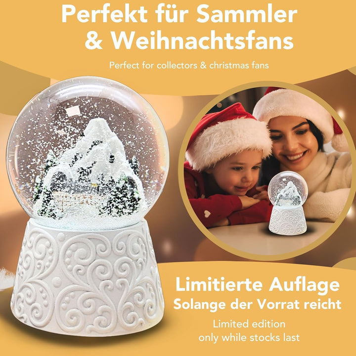 Weihnachts-Schneekugel mit Musik | Berglandschaft mit Brücke | Sockel weiss Ornament | 100mm breit,