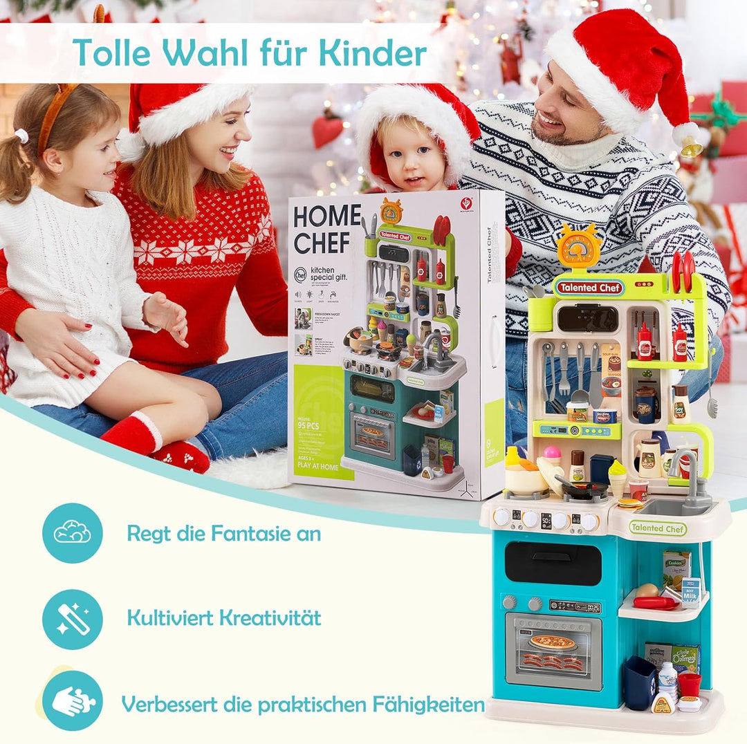DREAMADE Kinderküche mit 54 TLG. Zubehör, Kinderspielküche mit Spülbecken Wasserhahn Herd Öfen, Spie