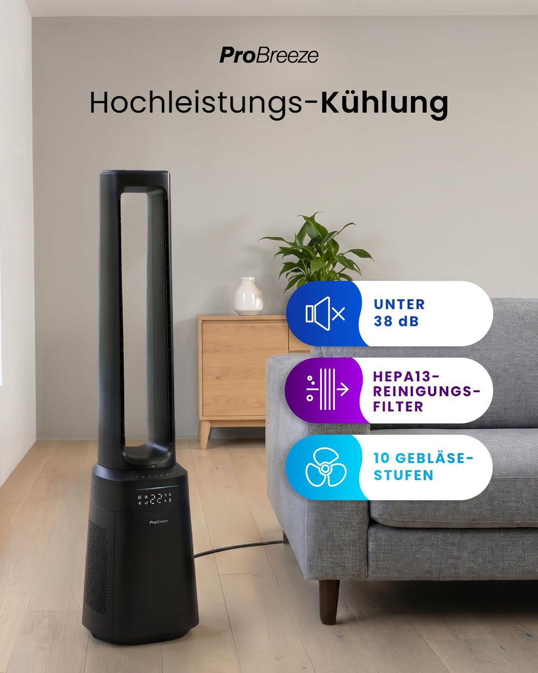 Pro Breeze OmniAir 105cm rotorloser Ventilator mit Luftreiniger - Ventilator oszillierend 75° - Fern