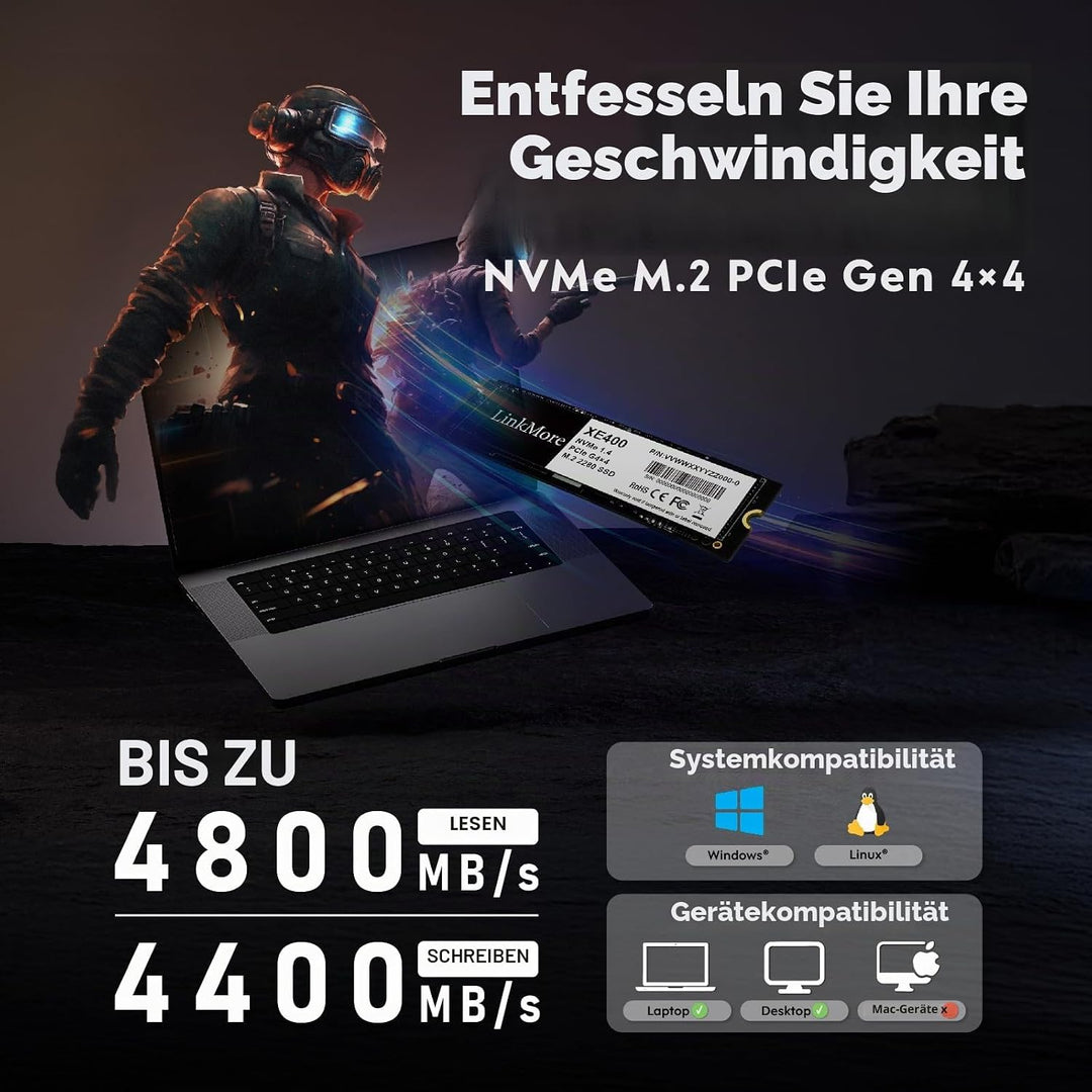 LinkMore XE400 2TB M.2 2280 PCIe Gen4 NVMe 1.4 interne SSD, Solid State Drive, bis zu 4650 MB/s für