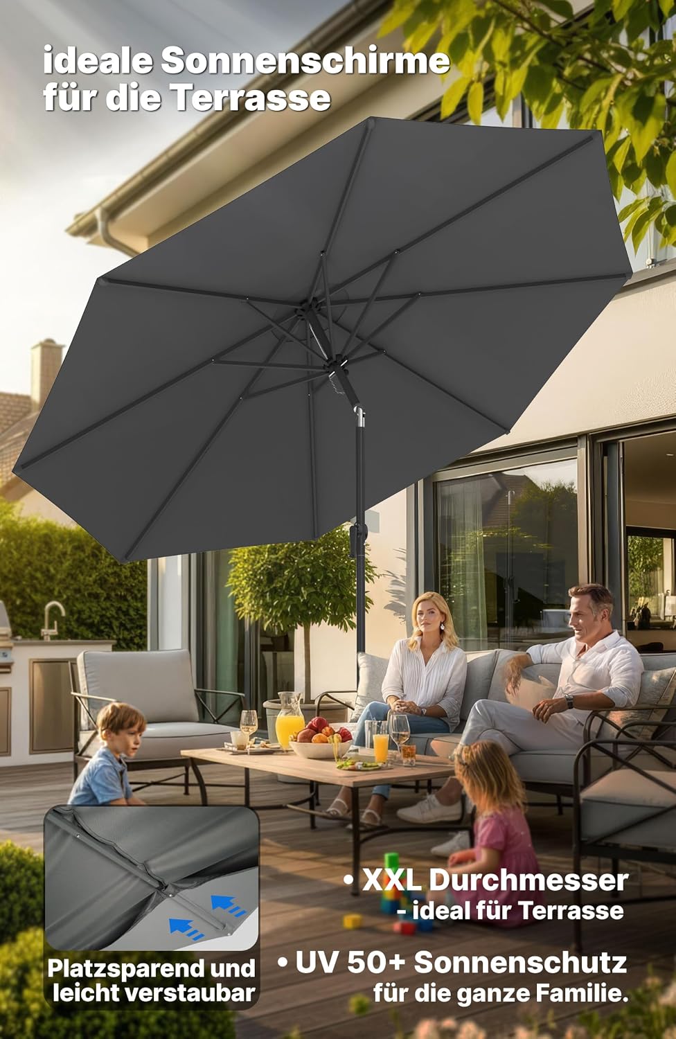 4smile Sonnenschirm 300 cm, mit Kurbel – grosser Sonnenschirm Balkon für die Terrasse, mit UV 50+ Sc