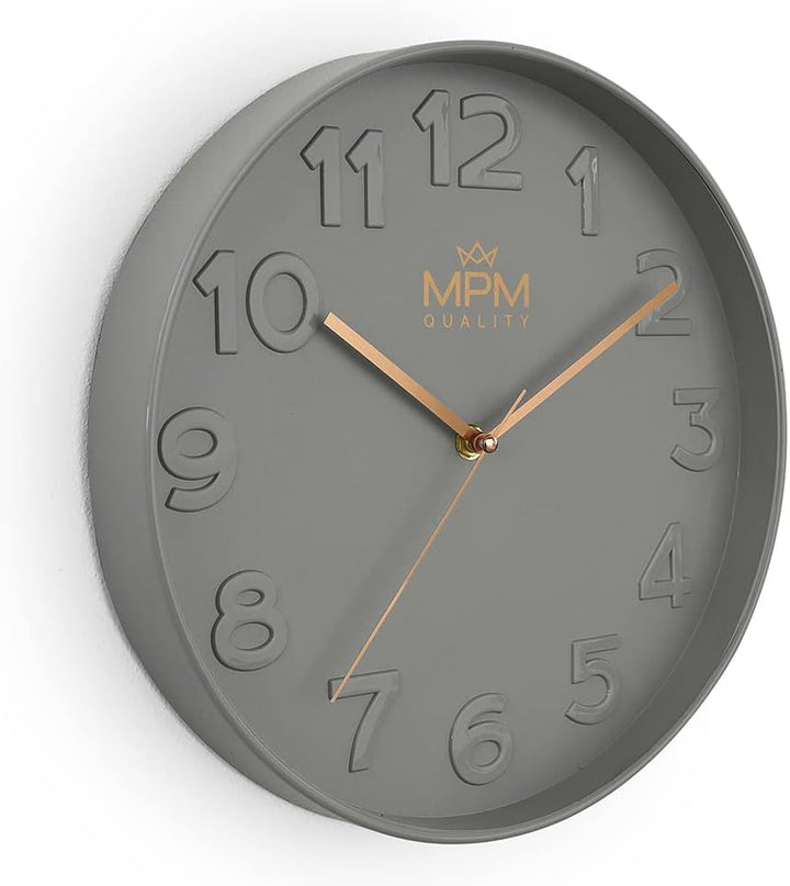 MPM Quality Design Wanduhr, Grau, Modern Kunststoff Uhr, Glas, Quarz-Uhrwerk Sweep, 305x305x42 mm, f