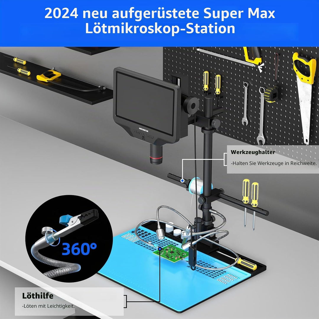 Andonstar AD409 Max HDMI Digitalmikroskop mit Lötstation, Endoskop, 10,1 Zoll LCD-Bildschirm, 300X U