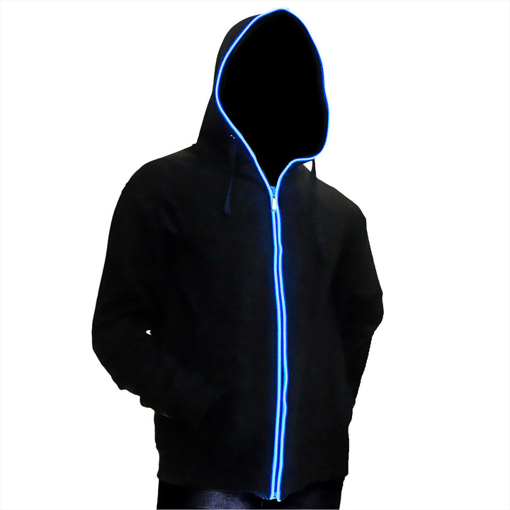 LED-Hoodie BLAU Zip-Hoodie EL-Kapuzenjacke Schwarz, XS