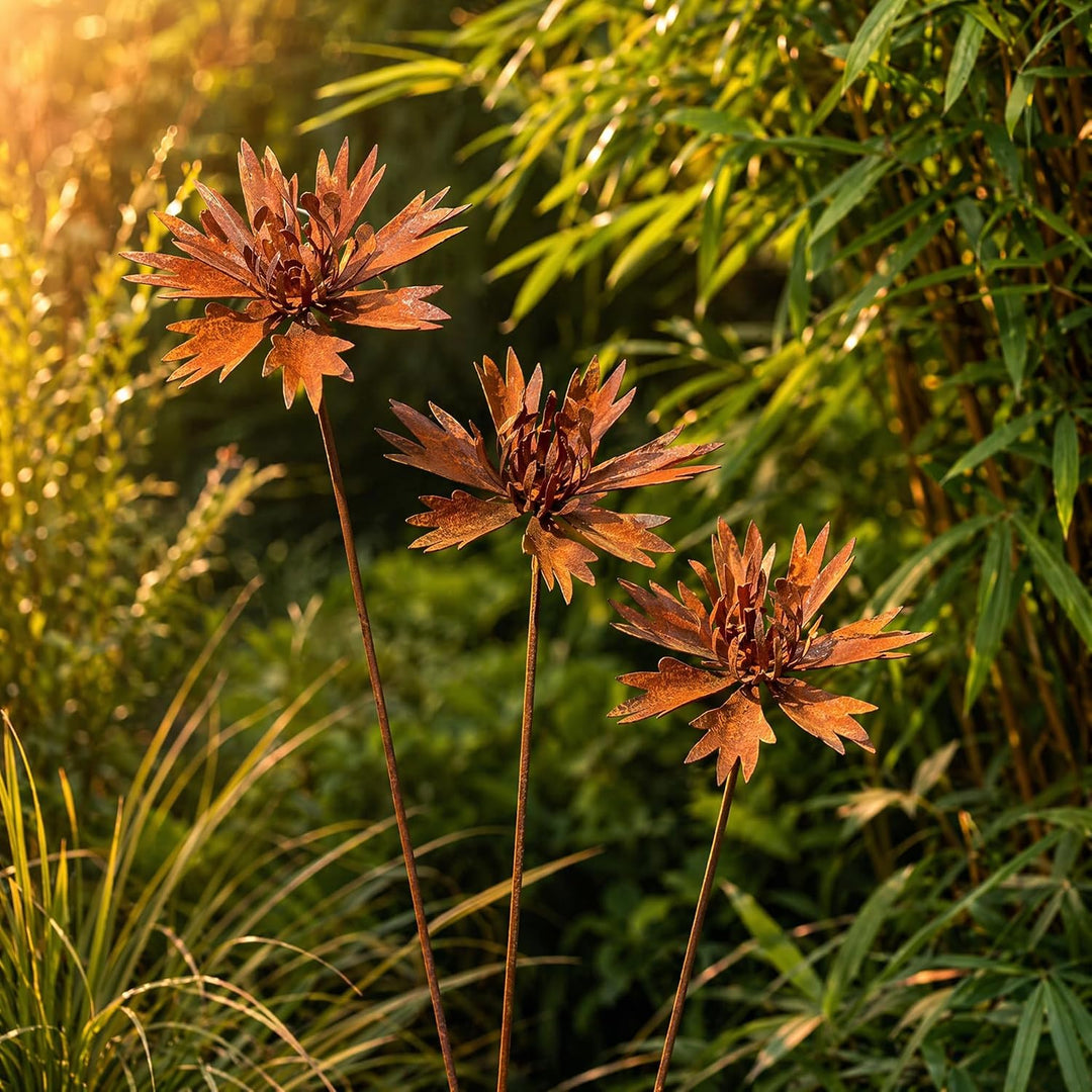 3 er Rostige GartendekoSet Rost Deko für Garten Cortenstahl Gartenstecker Metall Blume Mohn Gartende
