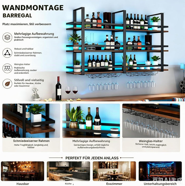 Weinregal Wand mit Glashalter, 3 Ebenen Industriell Wandmontierte Weinregal mit LED, Metallflaschenh