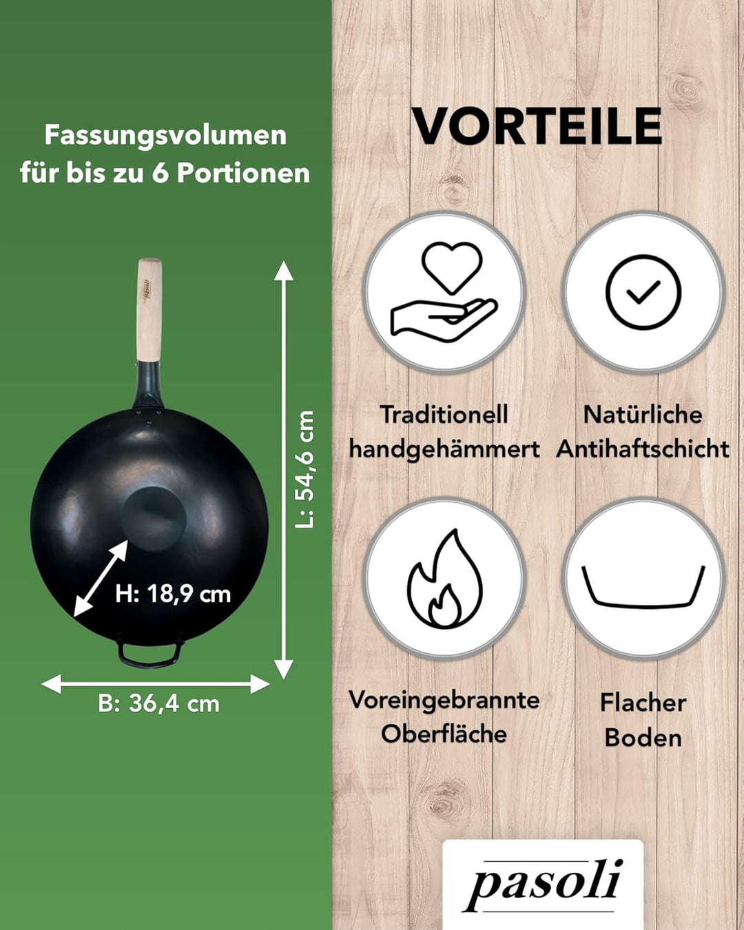 pasoli handgehämmerter Wok + gratis Rezepte eBook - voreingebrannt - traditionelle Asiapfanne - Brat