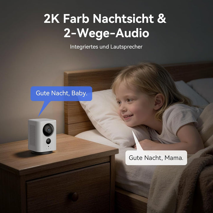 2K WLAN Überwachungskamera Innen 7800mAh Akku, Indoor Kamera Kabellos | 360° PTZ, Aufladbar IP Innen