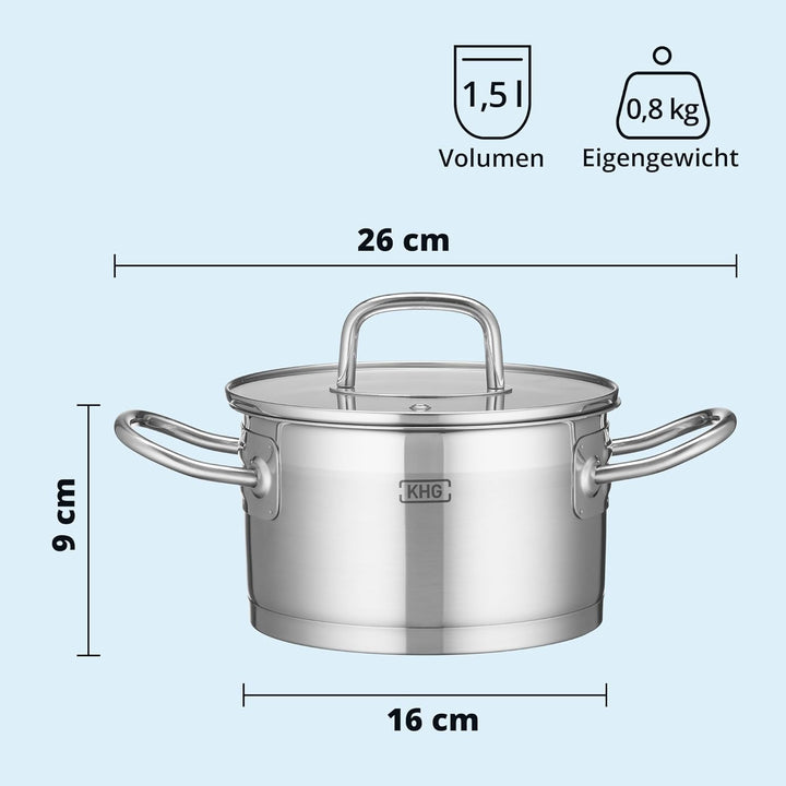 KHG Topf Kochtopf Fleischtopf 16 cm Induktion, Edelstahl unbeschichtet inkl. Glasdeckel | 9,5 cm hoh