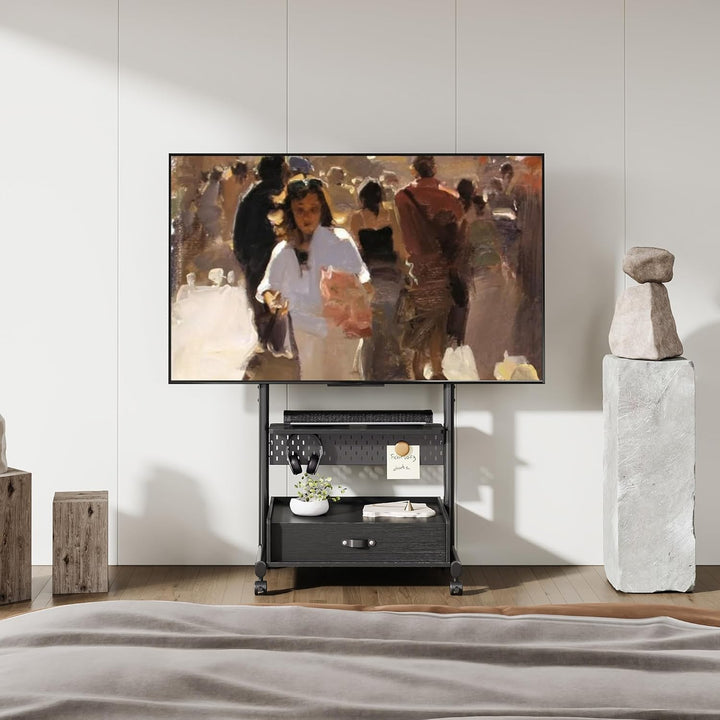FITUEYES TV Ständer Rollbar Höhenverstellbar, Fernsehständer mit Rollen Schublade Ablage Lochwand, T