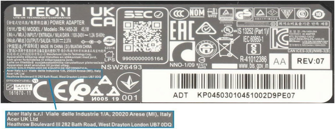 Acer KP.04501.016 Original Netzteil 45 Watt für EasyNote BFXS, Xs, dot.S2, Ferrari One 200, Aspire T