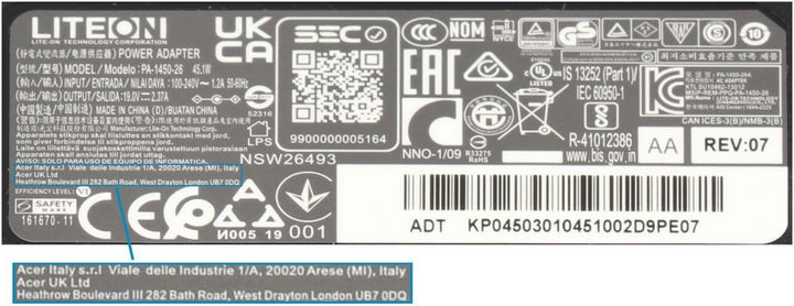 Acer KP.04501.016 Original Netzteil 45 Watt für EasyNote BFXS, Xs, dot.S2, Ferrari One 200, Aspire T