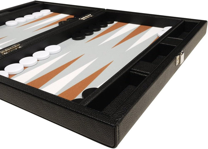 Backgammon-Set, 33 cm, Reisegrösse, schwarzes Brett, weisse und Rum-Punkte