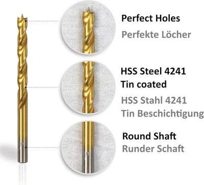 S&R Holzbohrer-Set, Dübelbohrer-Satz 25-tlg 1-13 mm, Industriequalität, HSS-G 4241 Stahl, TiN-Beschi