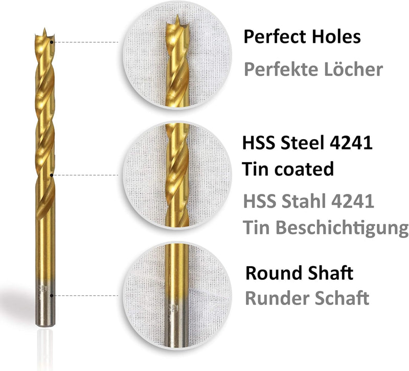 S&R Holzbohrer-Set, Dübelbohrer-Satz 25-tlg 1-13 mm, Industriequalität, HSS-G 4241 Stahl, TiN-Beschi