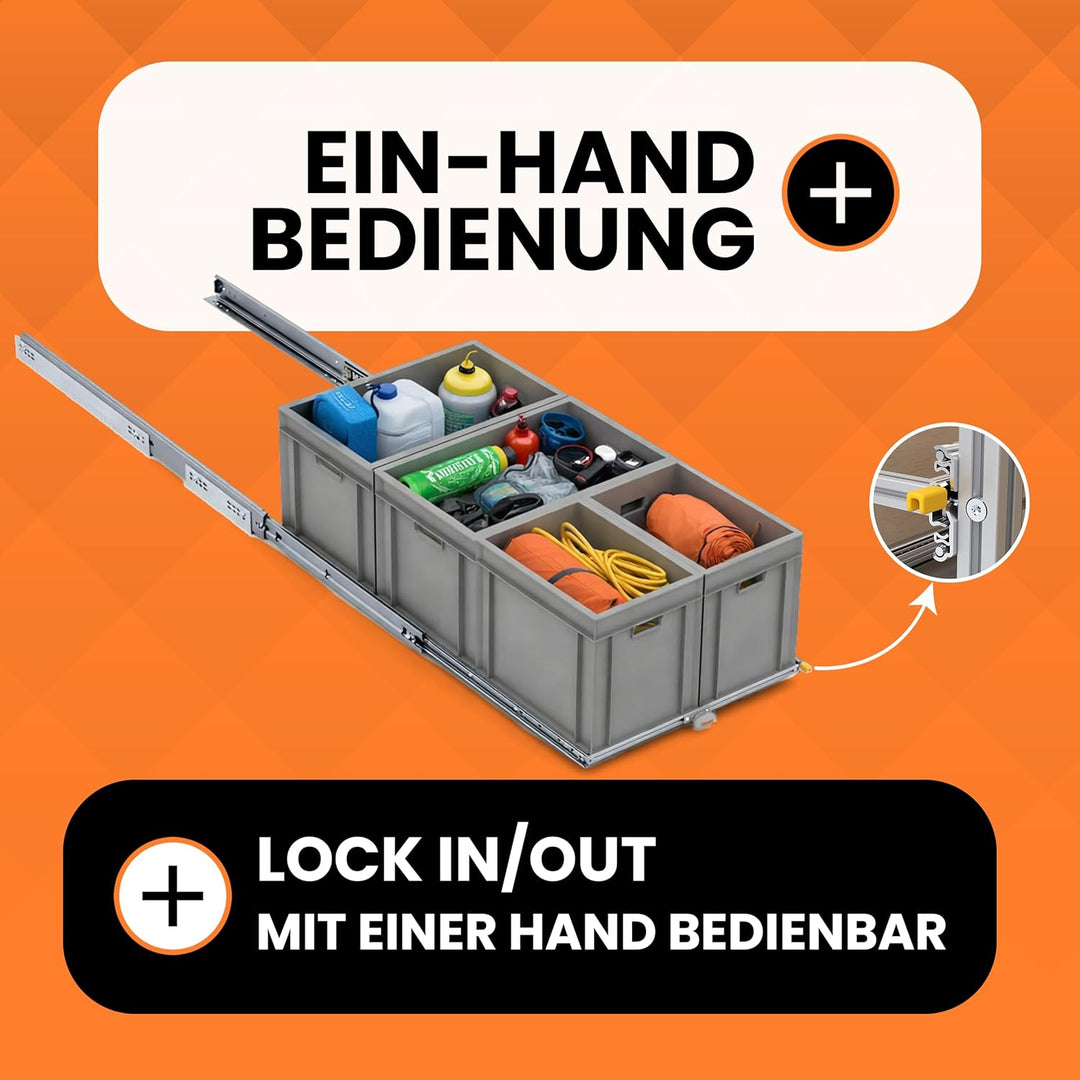 Heckküche-Auszug 120x60 – Leichter Auszug für Camping-Module, 120 kg Vollauszug, Stauraum-System für