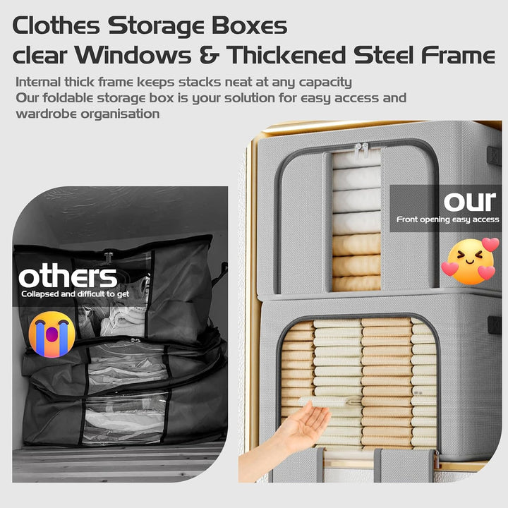 2 Stück Faltbare Aufbewahrungsbox 66L, 50x40x33CM Kleiderschrank Organizer mit Doppelfenstern &amp; Reis