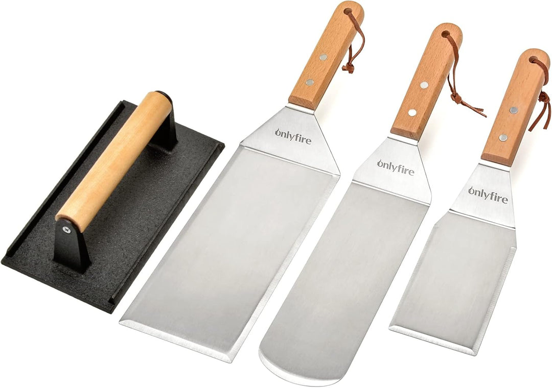 Onlyfire Grillspachtel Plancha Kit – Edelstahl-Grillspachtel , Schaber und Gusseisen-Grillpresse für