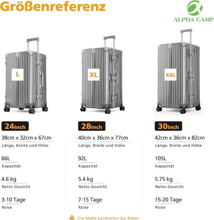 ALPHA CAMP Koffer XL Aluminium Rahmen & Polycarbonat Hartschale mit TSA Schloss Reisekoffer 40x36x77