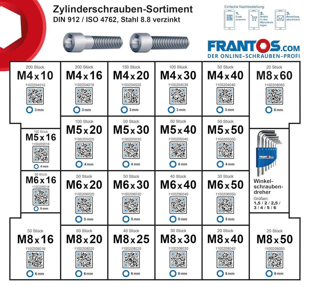 FRANTOS L-Boxx Sortimentskoffer mit Zylinderschrauben DIN 912 ISO 4762 in Stahl verzinkt - 1.500 tlg