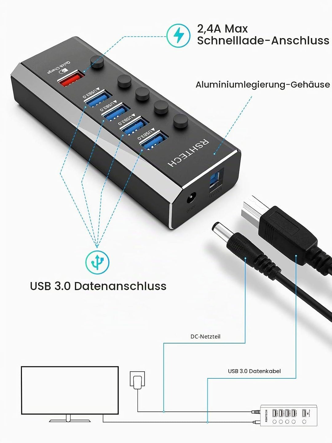 RSHTECH Aluminium USB Hub Aktiv 3.0 mit 24W Netzteil, mit 1*Schnellladeanschluss, 4*USB 3.0 Datenans