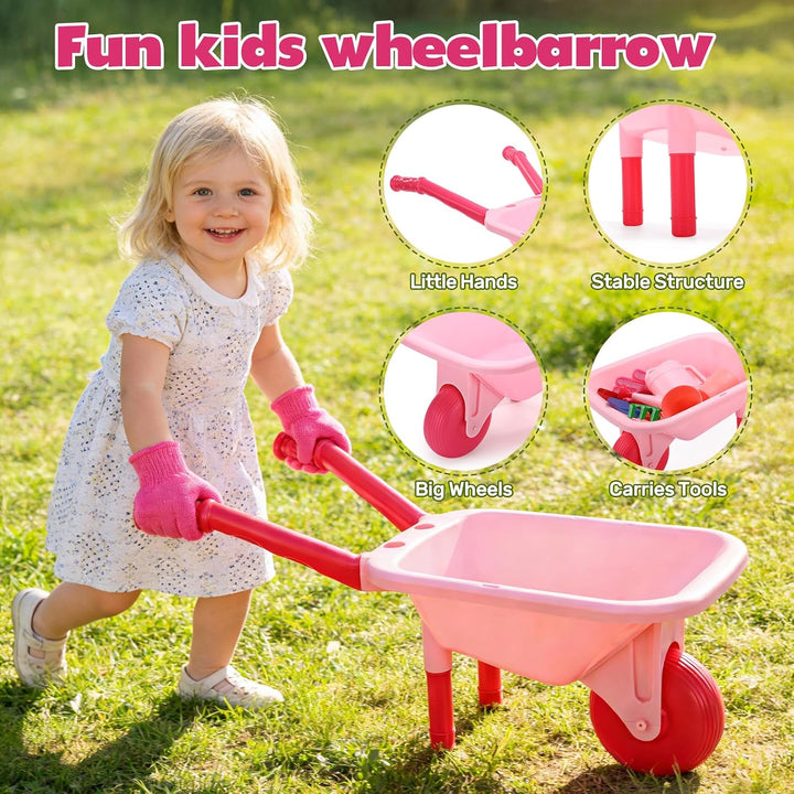 CUTE STONE Kinder-Gartenwerkzeugset, rosa Schubkarre, Gartenspielzeug | mit Giesskanne, Handschuhen,