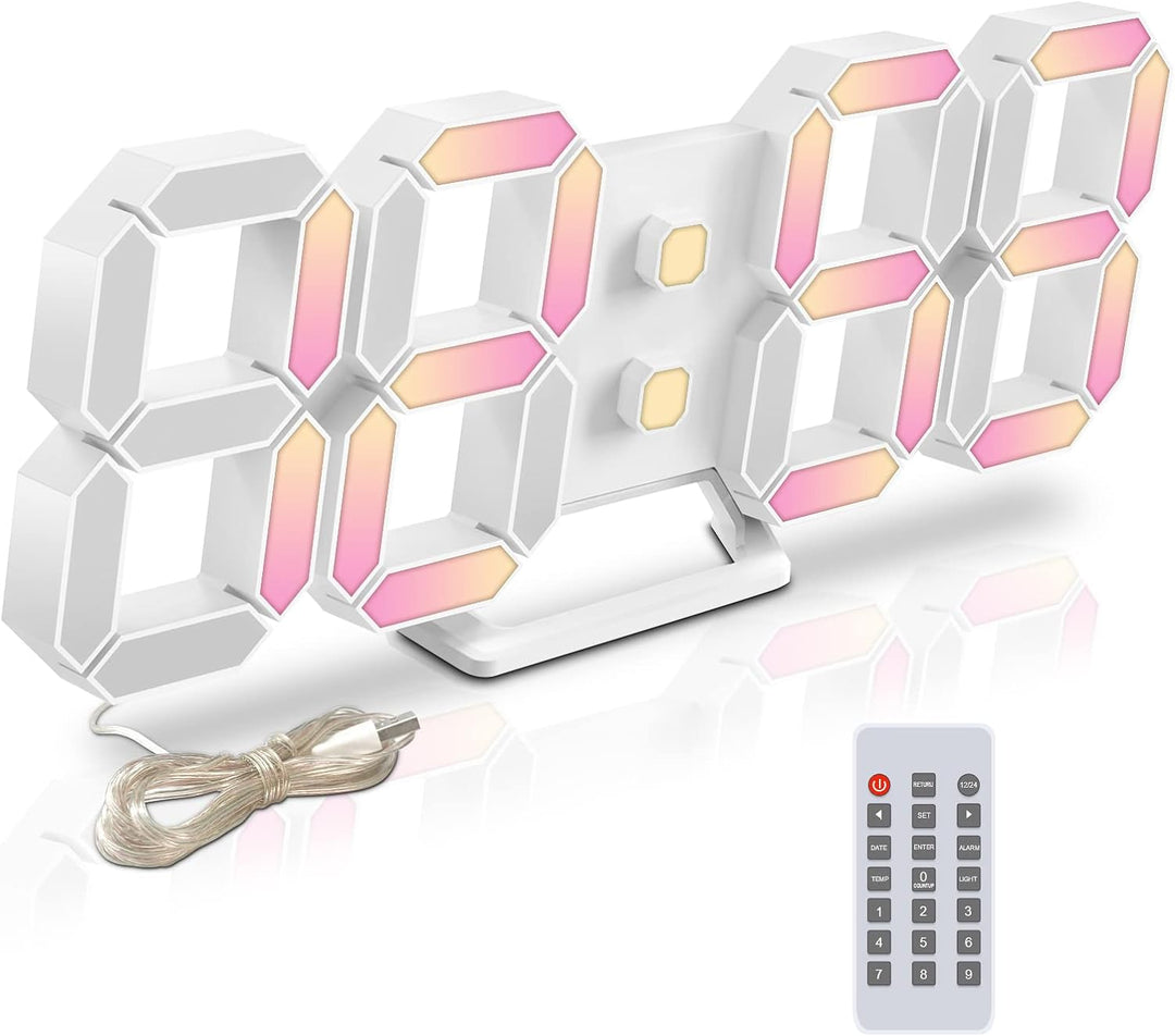 Deeyaple LED Wanduhr Digital Wecker 3D Uhr Dimmbar Snooze USB 12/24Stunden Datum Temperaturanzeige F