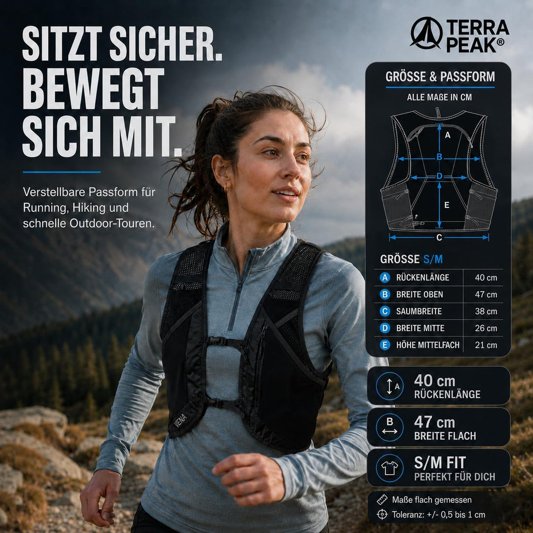 Terra Peak® VENA Laufweste 500ml Trinkflasche - Trinkweste Trinkrucksack Laufen Damen Herren S/M Sch