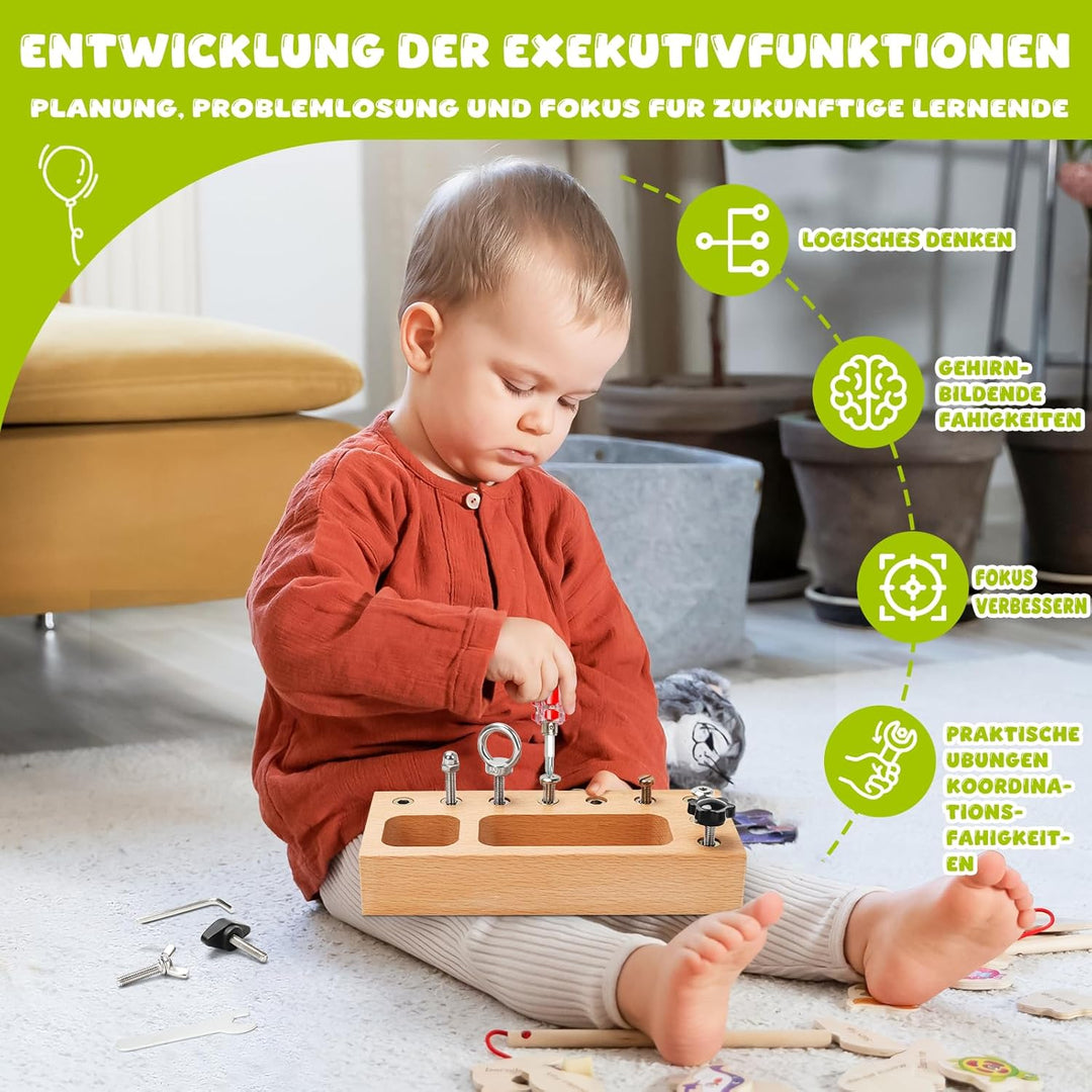 TenFans Montessori Schraubbrett aus Naturholz - Manuelles Lernspiel für Kinder ab 1 Jahr - Feinmotor