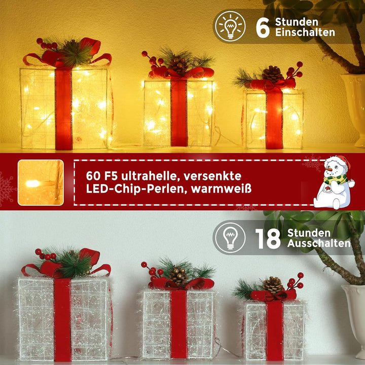 Elktry 3er LED Weihnachtsdeko innen, Geschenke Leucht Boxen mit Schleife aussen, Weihnachtenbox Bele