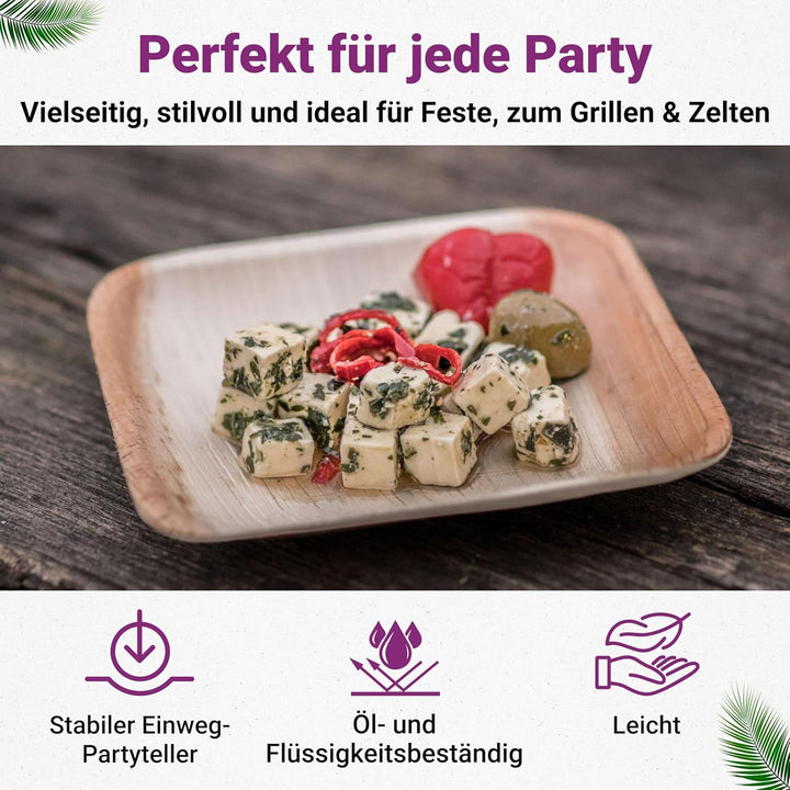Waipur Bio Palmblattteller - 25 Teller klein eckig 15x15 cm - Premium Einweggeschirr kompostierbar -