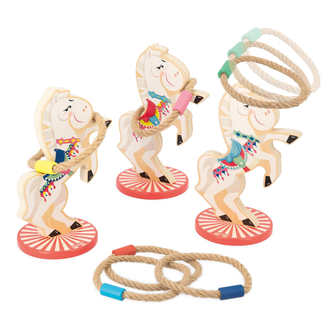 Janod - Pferde-Ringwurfspiel Applepop - Geschicklichkeitsspiel für Kinder - 3 Pferde + 6 Ringe - För