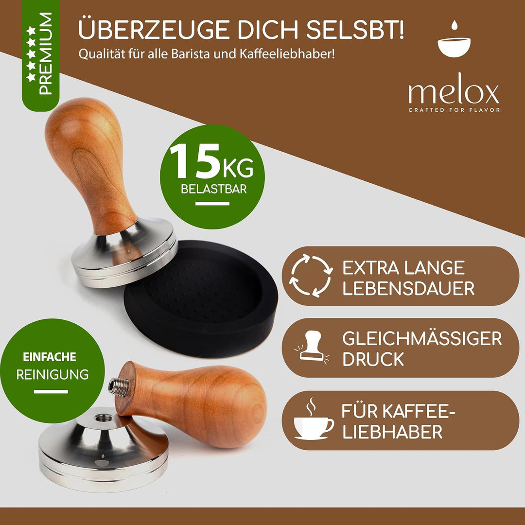 MELOX® - Premium Barista Tamper 58mm aus Edelstahl &amp; Kirschholz (Klassisch) - Kaffee-Stampfer &amp; Kaff