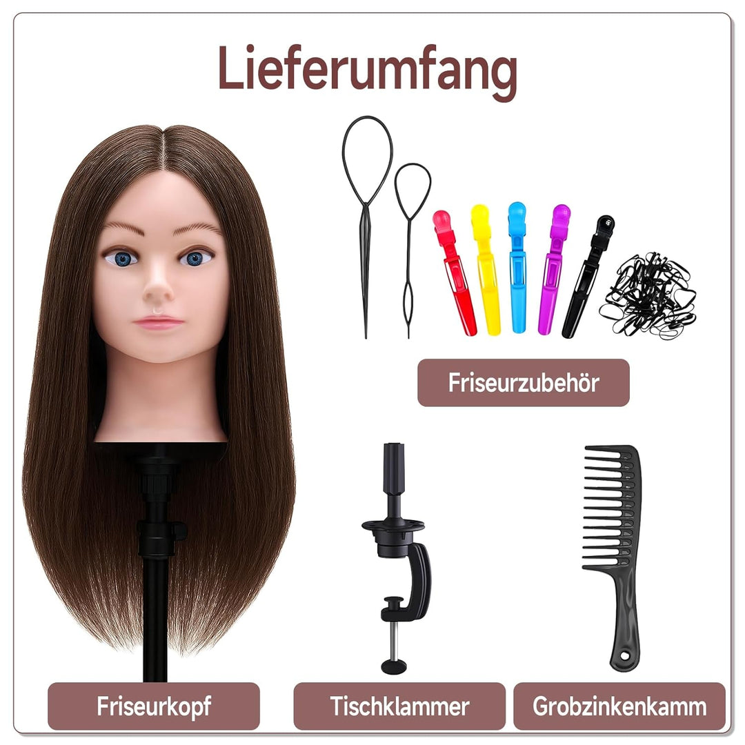 TwoWin Friseurkopf mit Haaren, 20 Zoll (50.8 cm) 100% Echthaar Mannequin Kopf, Übungskopf Haar Frise