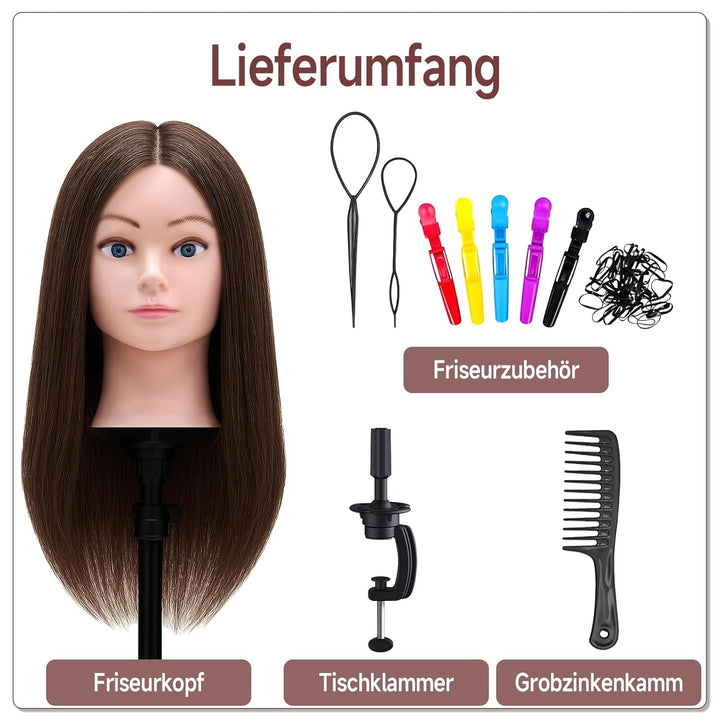TwoWin Friseurkopf mit Haaren, 20 Zoll (50.8 cm) 100% Echthaar Mannequin Kopf, Übungskopf Haar Frise
