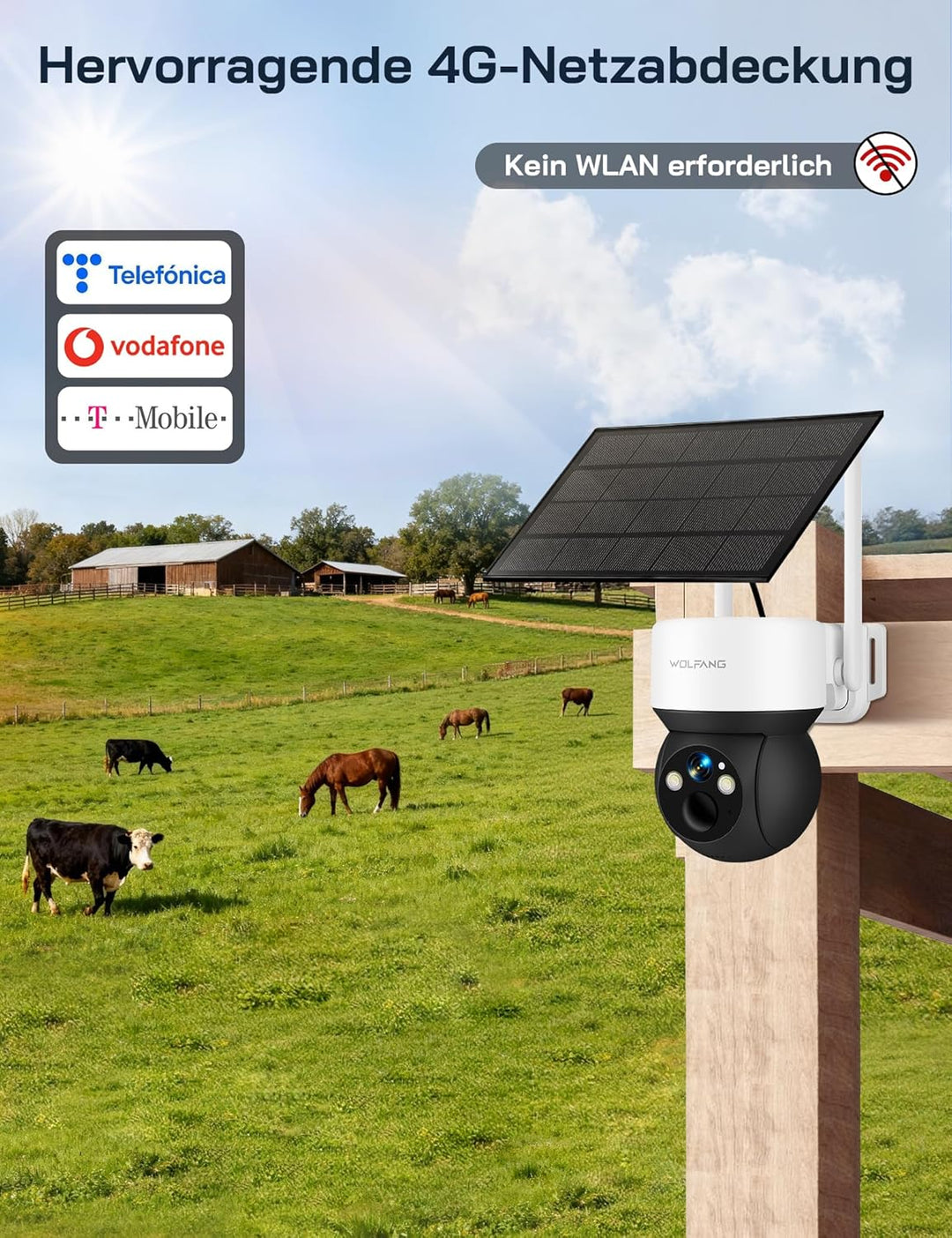 WOLFANG 4G LTE Wildkamera Solar, 2K Wildkamera mit Handyübertragung App, 0,2s PIR Auslösezeit, Beweg