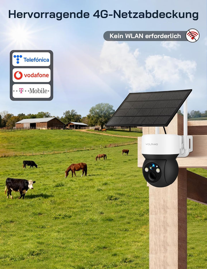 WOLFANG 4G LTE Wildkamera Solar, 2K Wildkamera mit Handyübertragung App, 0,2s PIR Auslösezeit, Beweg