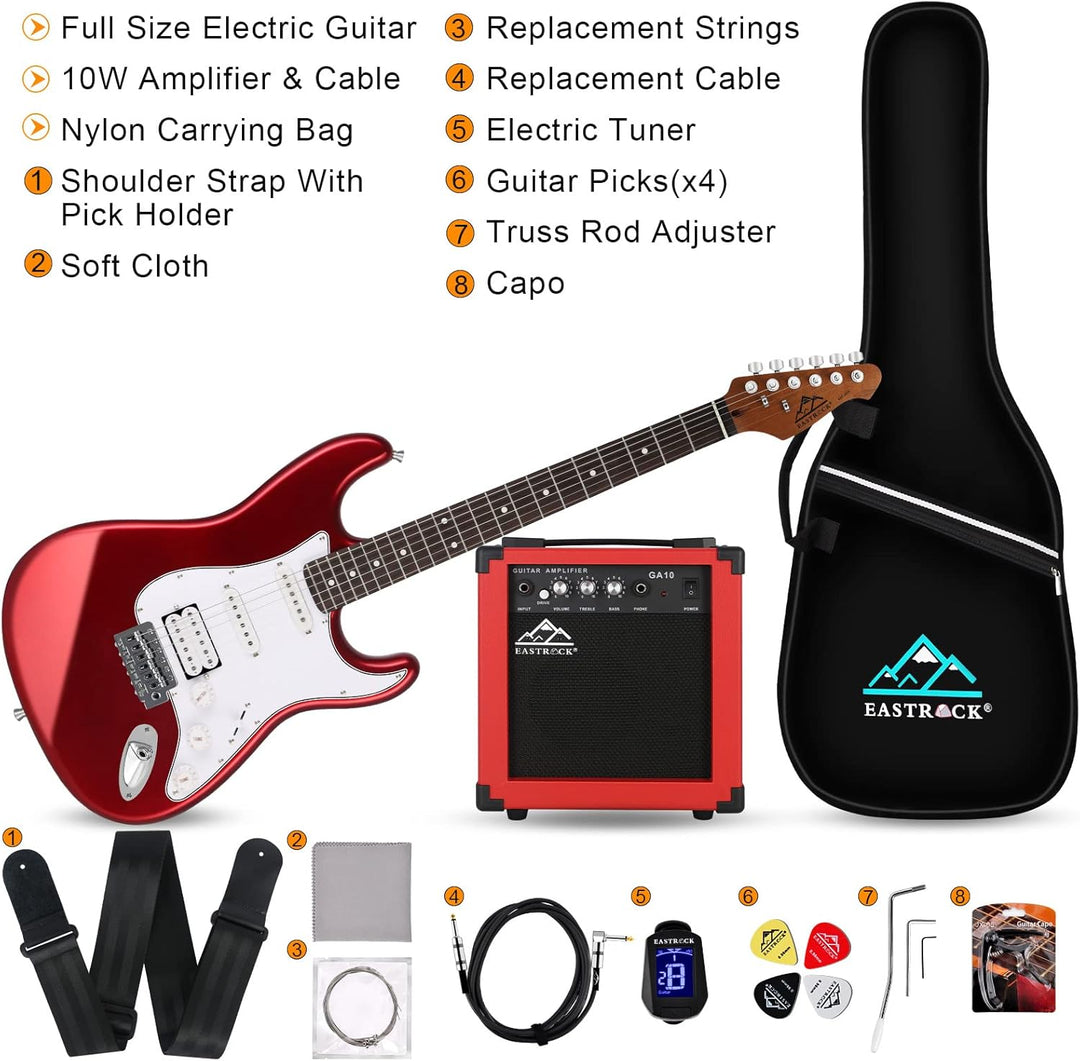 EASTROCK E Gitarre Set E Guitar 39 Zoll Elektrogitarre mit 10-W-Verstärker,Tasche, Kapodaster, Schul