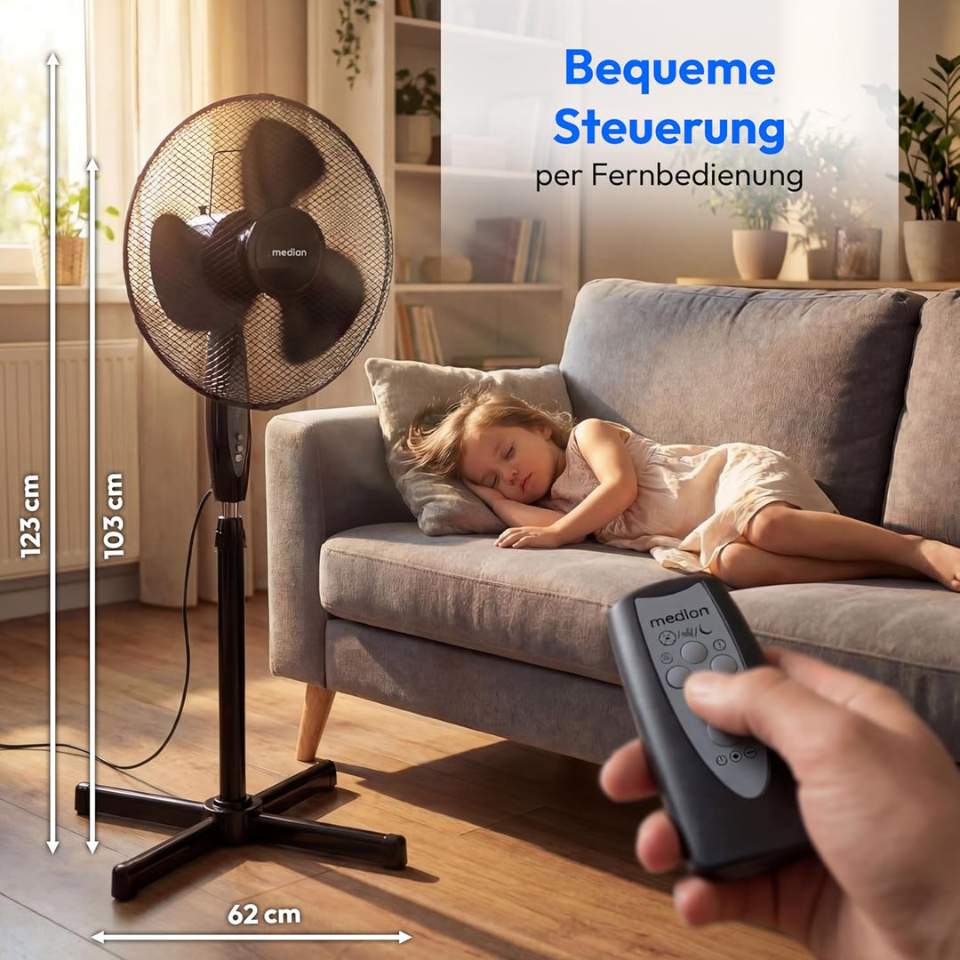MEDION Standventilator mit Fernbedienung, drei Geschwindigkeitsstufen, 45 Watt Leistung, 36 cm, Schw