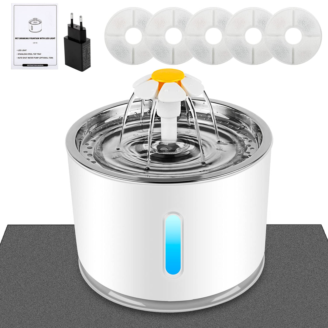 Katzen Trinkbrunnen,Haustierbrunnen mit Aktivkohlefilter Wasserstandsfenster, Leuchtende LED,2,4L Gr