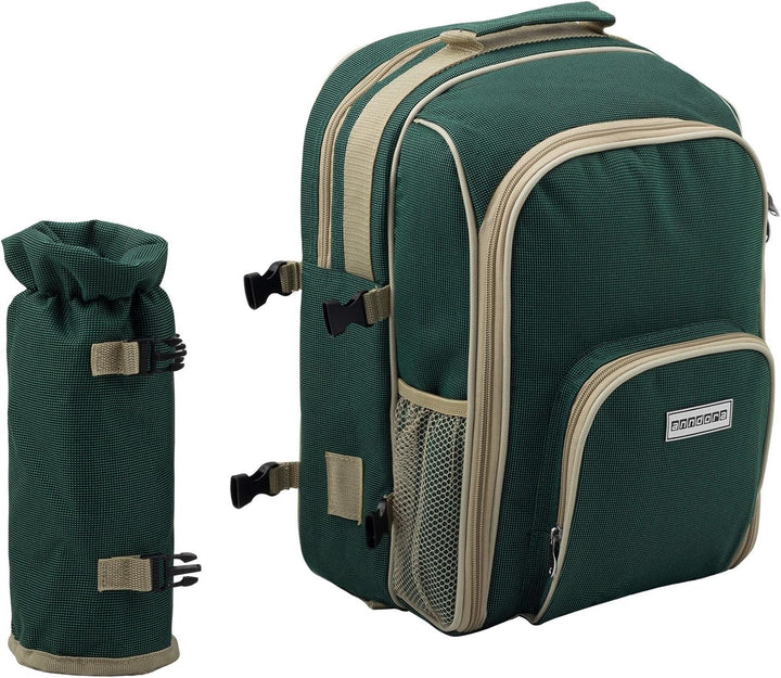anndora Picknickrucksack mit Kühlfach grün + Zubehör 15 teilig - 2 Personen, Grün