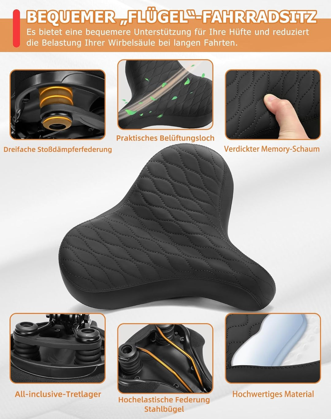 Übergrosser Fahrradsattel Herren & Damen, Bequem, Weich Memory Foam, Ergonomisch, Extra Breit Bequem