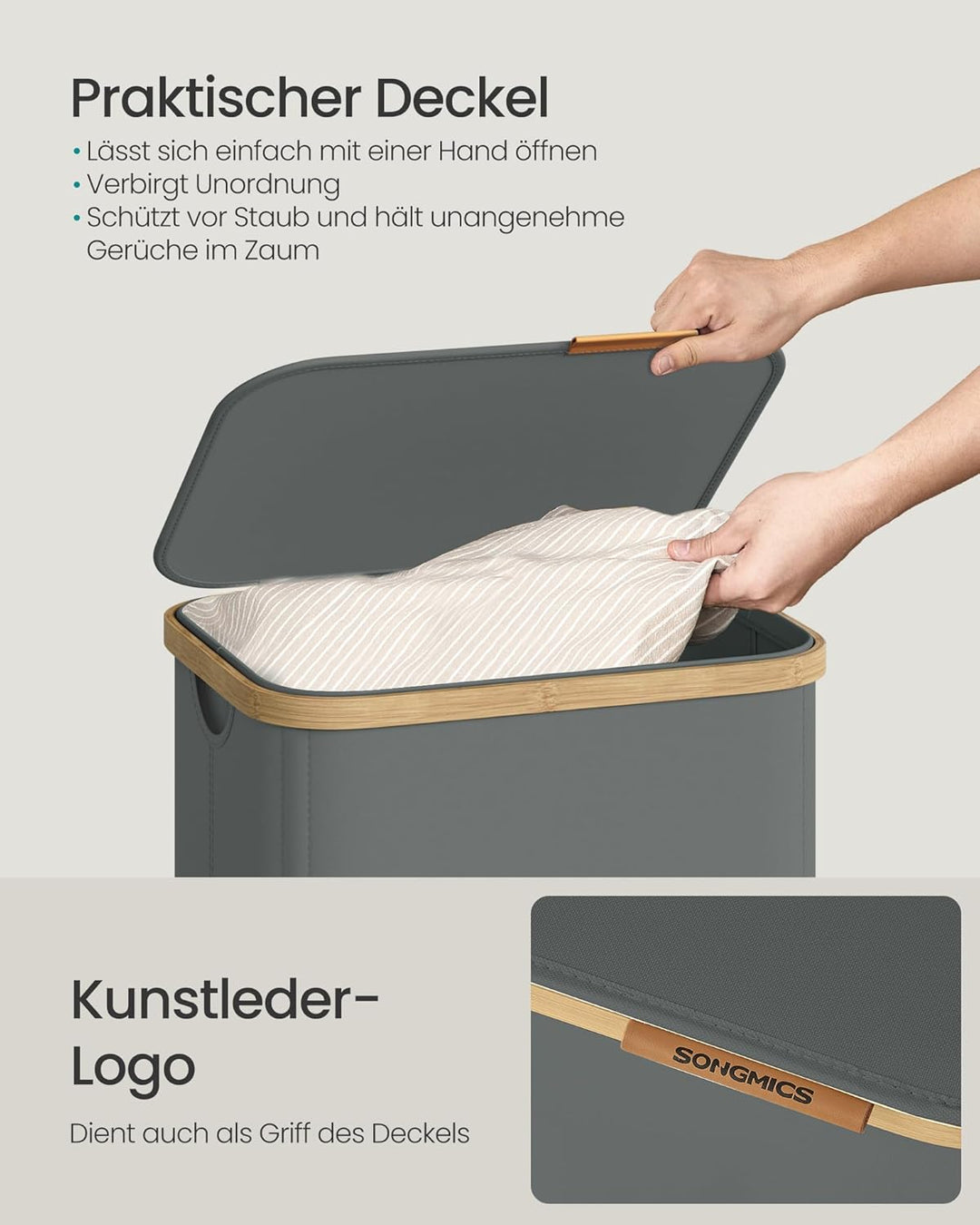 SONGMICS Wäschekorb mit Deckel, Wäschesammler, Wäschetruhe, Wäschetonne, Wäschesack herausnehmbar, B