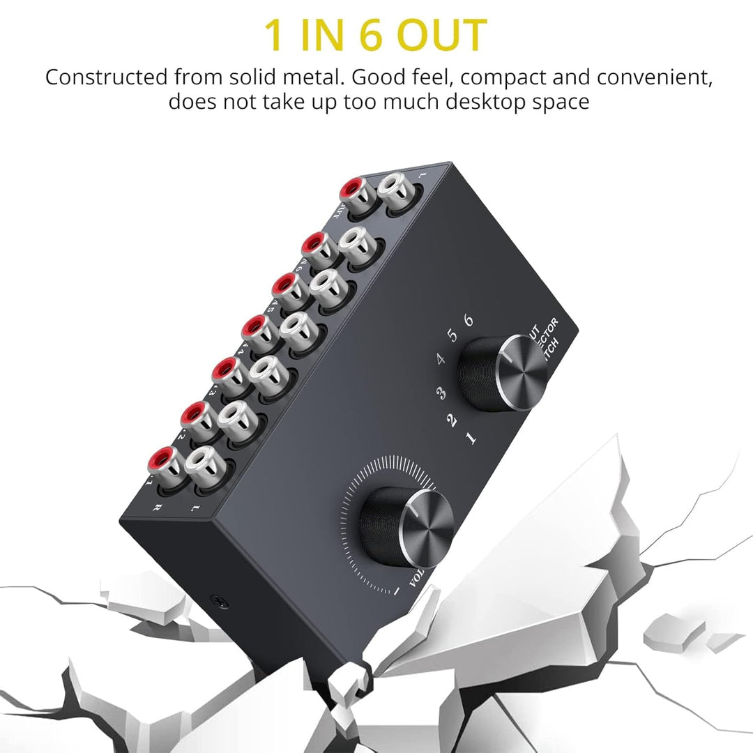 Cinch Umschalter PROZOR 6x1/1x6 Bidirektional Audio Umschalter Switch mit Lautstärkeregler RCA Stere