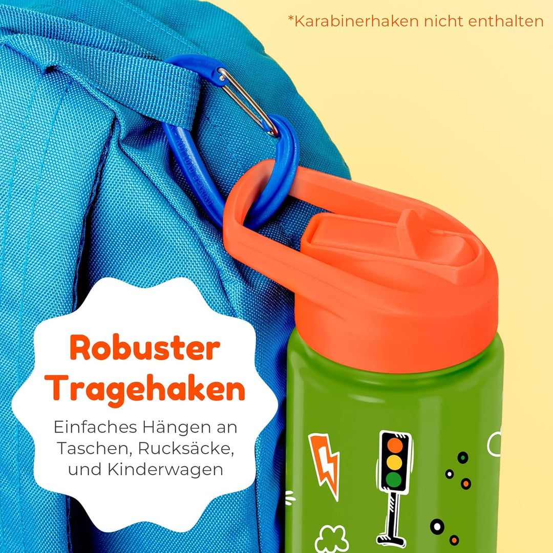 BOZ Isolierte Kinder-Trinkflasche, 414 ml (Autos) | BPA-Frei, Kratzfest mit Tragegriff, Spülmaschine