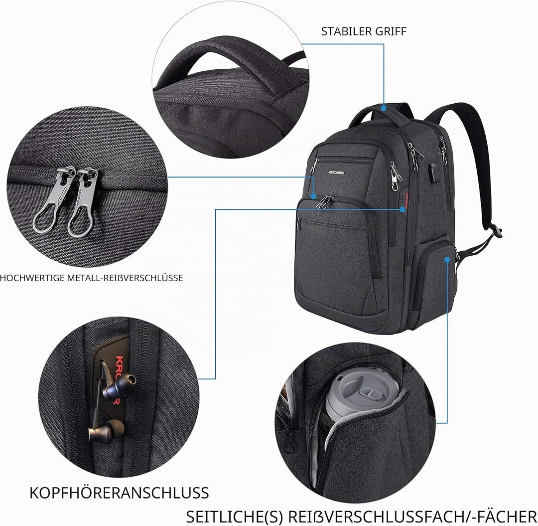 KROSER Laptop Rucksack 17,3'' Business Rucksack Schulrucksack Grosser Wasserdicht Taschen Reise Back