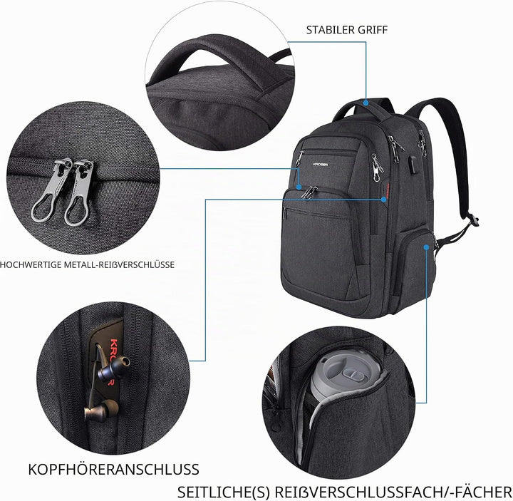 KROSER Laptop Rucksack 17,3'' Business Rucksack Schulrucksack Grosser Wasserdicht Taschen Reise Back